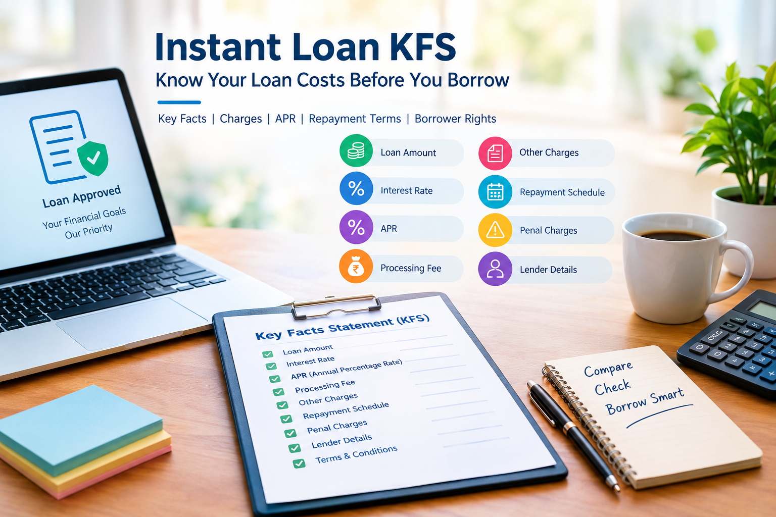 Instant Loan KFS guide showing a modern desk with a laptop, loan document, calculator, and key loan details including APR, fees, repayment schedule, and borrower rights.